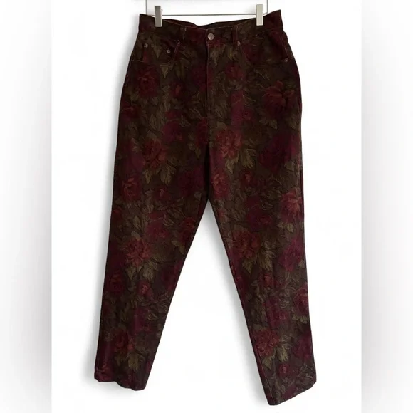 Vintage Bill Blass Floral Straight leg Jeans in Burgundy and Olive - Picture 3 of 8